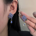 Elegant Blue Enamel Flower Leaf Crystal Drop Stud Earrings for Women New Chinese Ethnic Style Earrings view 1