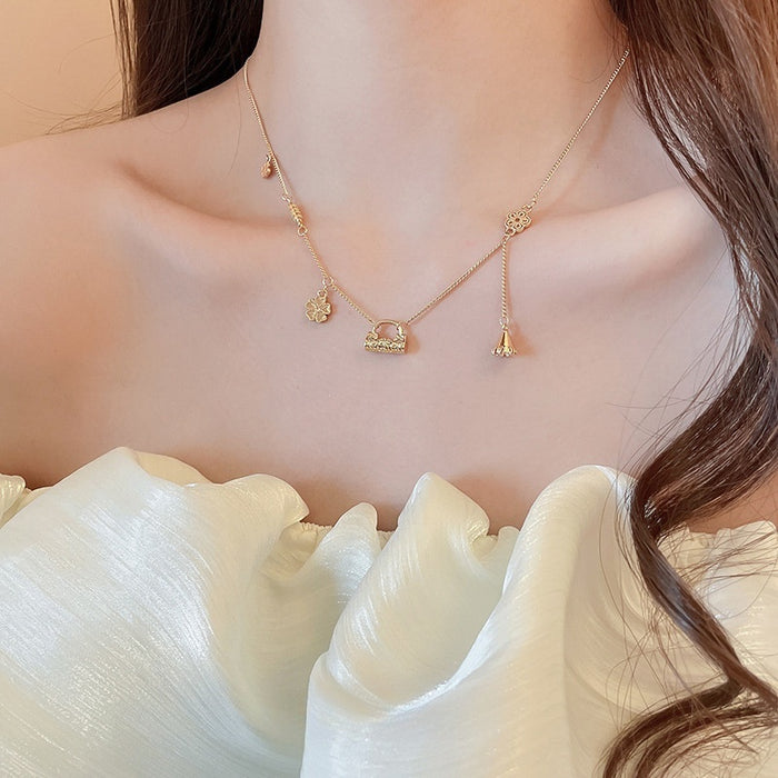 18K Gold Plated Copper Floral Peace Lock Necklace New Chinese Vintage Luxury Collarbone Chain