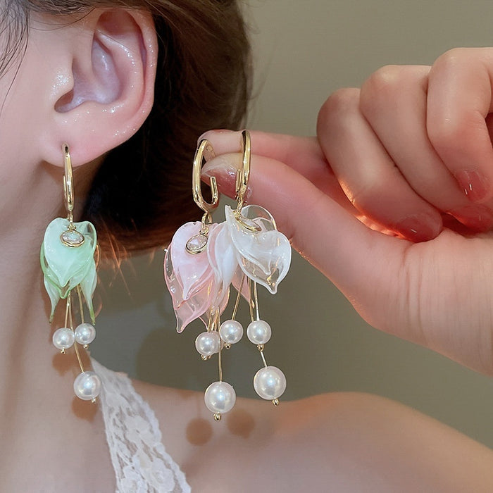Silver Needle Acrylic Zircon Petal Pearl Tassel Drop Earrings Fashion OL Floral Jewelry