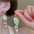 Silver Needle Acrylic Zircon Petal Pearl Tassel Drop Earrings Fashion OL Floral Jewelry view 3