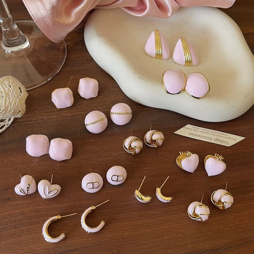 Pink Alloy Flower Stud Earrings Cute Forest Style Fashion Floral Ear Jewelry for Women