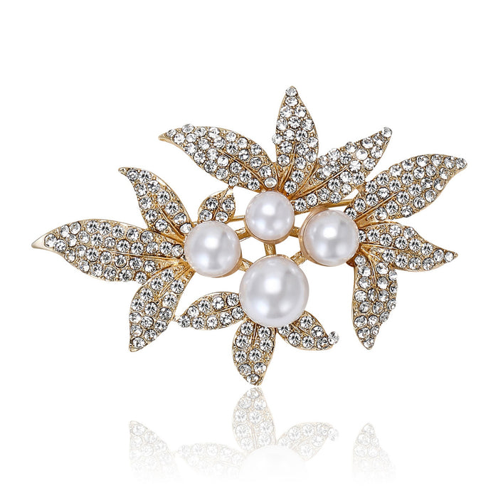 Alloy Rhinestone Pearl Leaf Brooch Pin For Cardigans And Coats – Silver