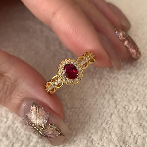 18K Gold Plated Copper Zircon Oval Open Ring Vintage Light Luxury Geometric Finger Jewelry