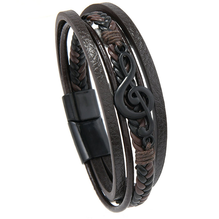 Men's Vintage Multi Layer Braided Leather Bracelet Black Music Note Creative Wrist Bangle