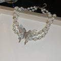 French Double Layer Faux Pearl Butterfly Choker Necklace For Women Light Luxury Collarbone Jewelry view 4