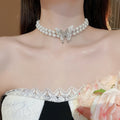French Double Layer Faux Pearl Butterfly Choker Necklace For Women Light Luxury Collarbone Jewelry view 3