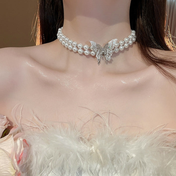 French Double Layer Faux Pearl Butterfly Choker Necklace For Women Light Luxury Collarbone Jewelry