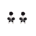 Vintage Black Rose Butterfly Drop With Silver Alloy Trim And Rhinestone Petals, Elegant Dark Style Earrings view 4