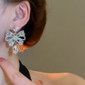 Chic Alloy Rhinestone Bow Teardrop Tassel Drop Earrings With Silver Pins view 3