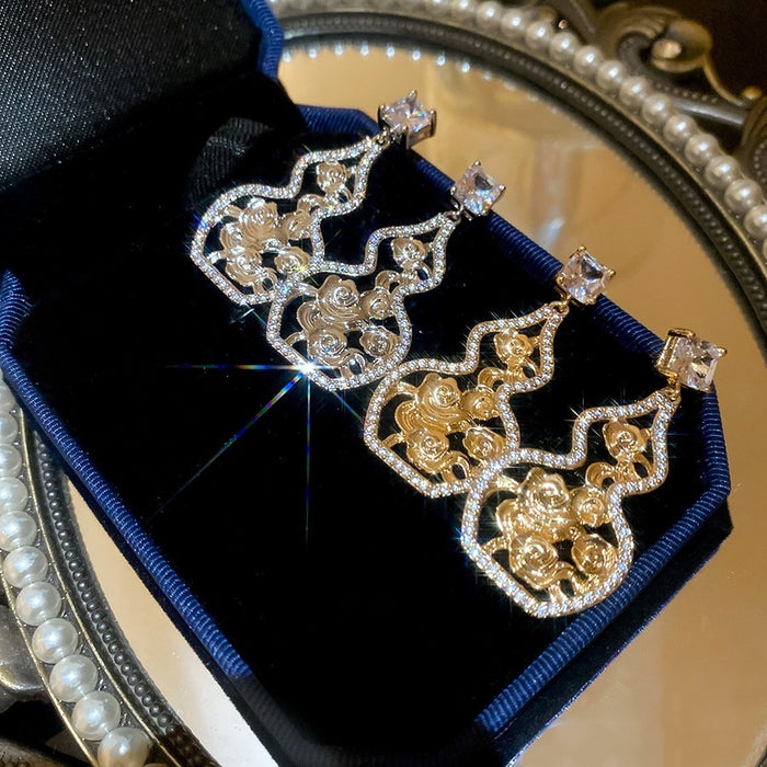 Light Luxury Copper Zircon Flower Hollow Gourd Stud Earrings, New Chinese Geometric Ear Jewelry