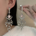 Elegant Vintage Baroque Pink Crystal Heart Waterdrop Tassel Alloy Rhinestone Long Dangle Earrings view 1