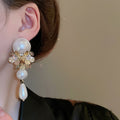 Silver Needle Zircon Flower Tassel Faux Pearl Drop Earrings Chic Vintage Statement Jewelry view 3