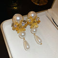 Silver Needle Zircon Flower Tassel Faux Pearl Drop Earrings Chic Vintage Statement Jewelry view 2