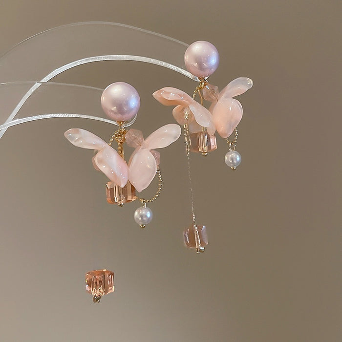 Faux Pearl Flower Tassel Drop Earrings, Simple Elegant Light Luxury Floral Ear Studs