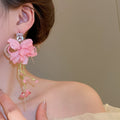 Chic Fabric Flower Rhinestone Tassel Drop Earrings With Silver Posts For Women view 3