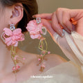 Chic Fabric Flower Rhinestone Tassel Drop Earrings With Silver Posts For Women view 1