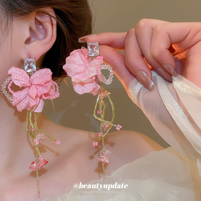 Chic Fabric Flower Rhinestone Tassel Drop Earrings With Silver Posts For Women