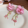 Chic Fabric Flower Rhinestone Tassel Drop Earrings With Silver Posts For Women view 2