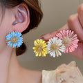 Raffia Daisy Flower Stud Earrings With Silver Posts, Sweet Beach Vacation Style view 2