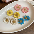 Raffia Daisy Flower Stud Earrings With Silver Posts, Sweet Beach Vacation Style view 3
