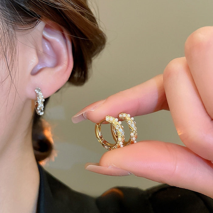 Zircon Geometric Round Faux Pearl Ear Cuff Earrings French Vintage Light Luxury Women Jewelry