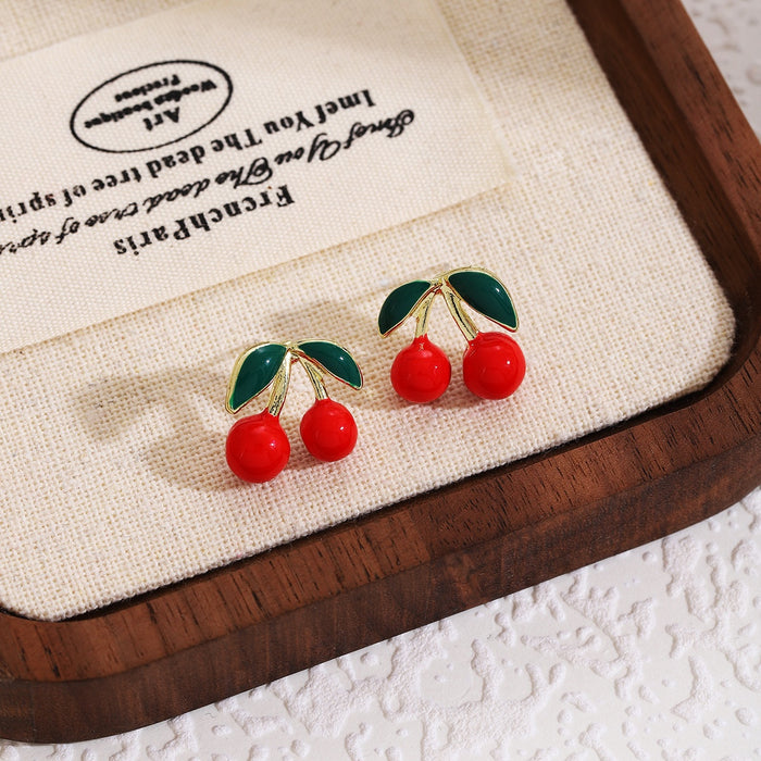 Cute Red Cherry Fruit Enamel Alloy Stud Drops, Sweet Fresh Elegant Tiny Fashion Jewelry Earrings