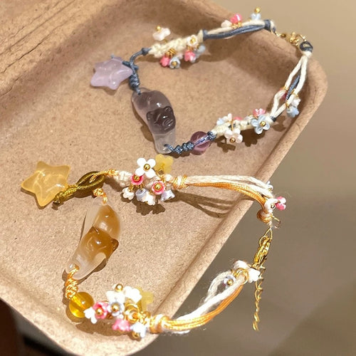 Handwoven Resin Cat And Star Bangle, New Chinese Sweet Versatile Niche Bracelet