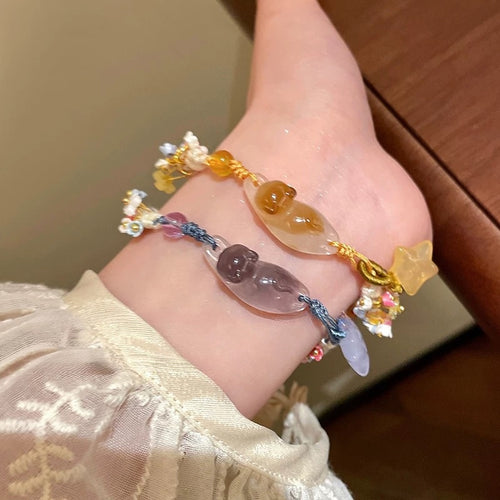Handwoven Resin Cat And Star Bangle, New Chinese Sweet Versatile Niche Bracelet