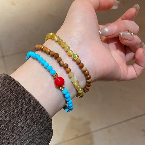Turquoise Rice Bead Alloy Bangle For Women New Chinese Style Round Geometric Fashion Jewelry
