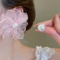 Asymmetric Chiffon Flower Faux Pearl Stud Earrings Sweet Elegant Floral Designer Jewelry view 4
