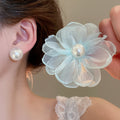 Asymmetric Chiffon Flower Faux Pearl Stud Earrings Sweet Elegant Floral Designer Jewelry view 3