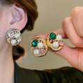 Vintage Light Luxury Irregular Oval Faux Pearl Rhinestone Stud Earrings For Women view 2