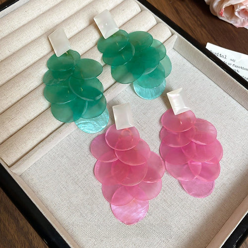 Resin Shell Round Long Tassel Drop Earrings Vacation Style Geometric Stud Jewelry For Women