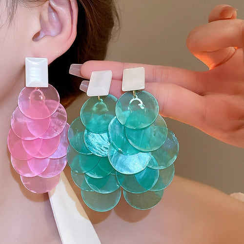 Resin Shell Round Long Tassel Drop Earrings Vacation Style Geometric Stud Jewelry For Women