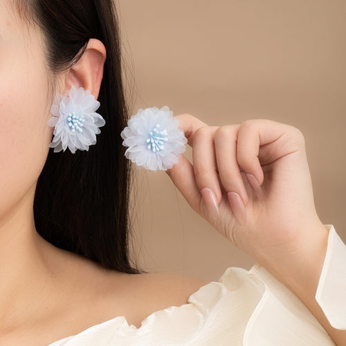 Elegant Chiffon Lace Flower Stud Earrings With Alloy Pins, Pastel Floral Petal Fairy Style Earrings