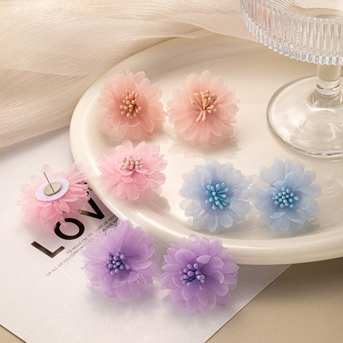 Elegant Chiffon Lace Flower Stud Earrings With Alloy Pins, Pastel Floral Petal Fairy Style Earrings