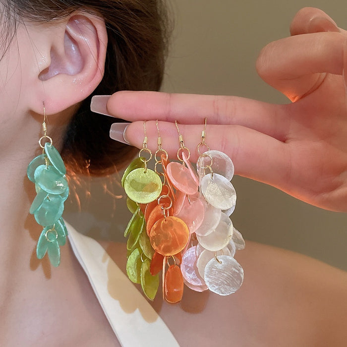 Round Shell Tassel Drop Earrings Summer Beach Resort Geometric Vacation Style Jewelry