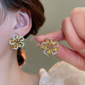 Light Luxury Vintage Dark Green Floral Irregular Rhinestone Copper Stud Earrings view 3