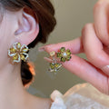 Light Luxury Vintage Dark Green Floral Irregular Rhinestone Copper Stud Earrings view 2