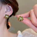 Light Luxury Vintage Dark Green Floral Irregular Rhinestone Copper Stud Earrings view 4