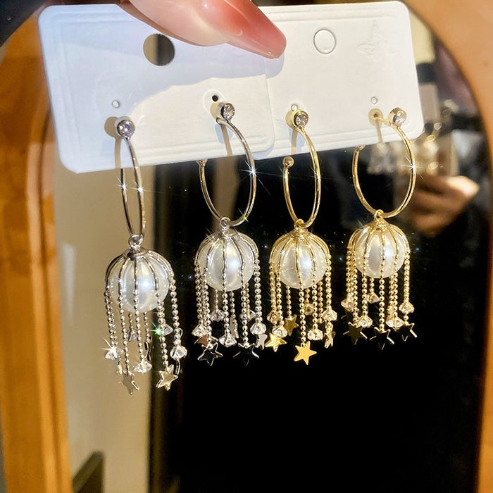 Light Luxury Zircon Star Tassel C Shape Pearl Drop Earrings With Silver Pins For Women