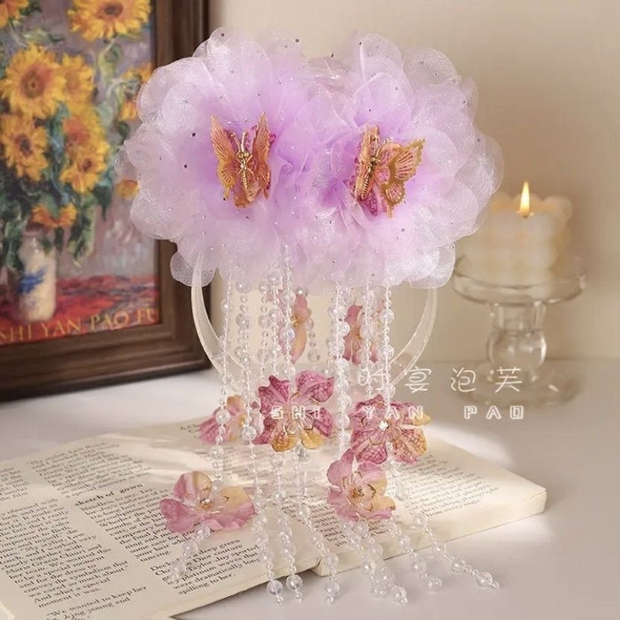 Handmade Fabric Butterfly Flower Tassel Claw Clip For Women