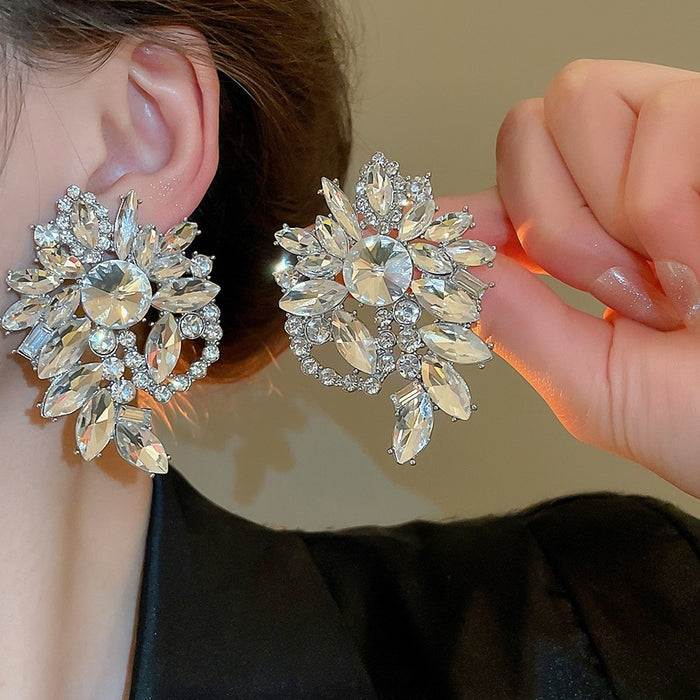 Light Luxury Rhinestone Flower Stud Earrings For Women, Elegant Alloy Floral Jewelry