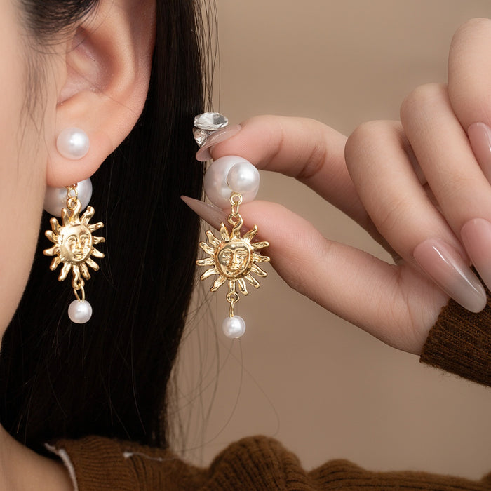 Elegant Korean Sun Face Alloy Drop Earrings With Large Small Pearls Two Way Luxury Pearl Stud Earrings