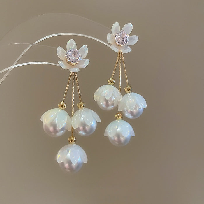 Light Luxury Copper Zircon Flower Pearl Tassel Drop Earrings French Vintage Stud Style