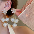 Light Luxury Copper Zircon Flower Pearl Tassel Drop Earrings French Vintage Stud Style view 2