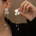 Elegant French Vintage Irregular Baroque Pearl Flower Rhinestone Gold Chain Tassel Drop Earrings view 1