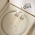 Elegant French Vintage Irregular Baroque Pearl Flower Rhinestone Gold Chain Tassel Drop Earrings view 4