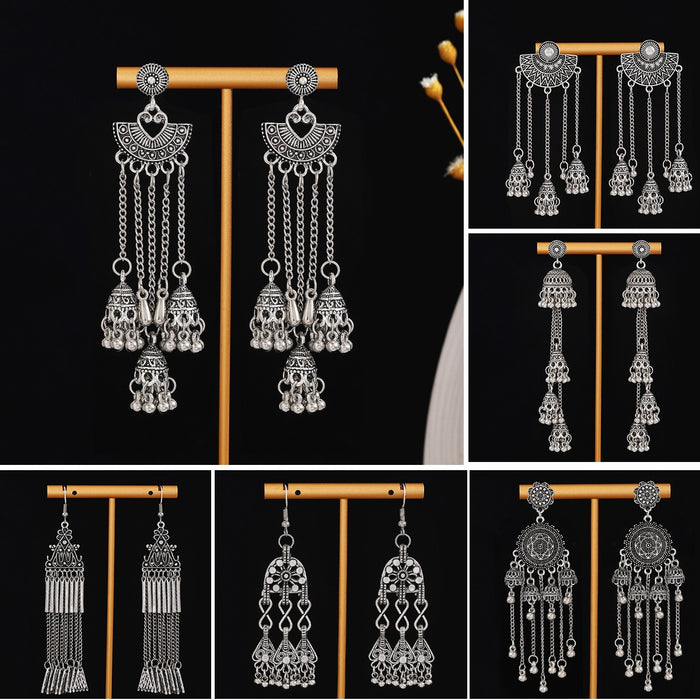 Ethnic Vacation Style Geometric Round Alloy Long Tassel Bell Pendant Drop Earrings