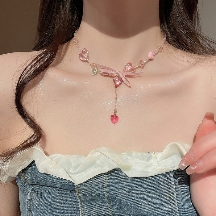 Rhinestone Heart Bow Resin Choker Necklace, Sweet Fashion Versatile Collarbone Jewelry